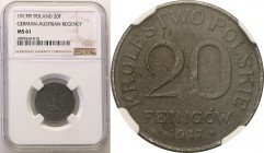 Polish Kingdom. 20 fenig (pfennig) 1917 żelazo NGC MS61
Bardzo ładny egzemplarz.Parchimowicz 7a; Fischer ON 007
Waga/Weight: Metal: Średnica/diamete...