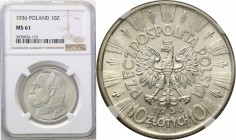II RP. 10 zlotych 1936 Pilsudski NGC MS61
Piękny blask na całej powierzchni monety, doskonale zachowane wszystkie detale. Rzadsza moneta w takim stan...