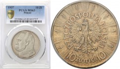 II RP. 10 zlotych 1937 Pilsudski PCGS MS63
Wysoka nota gradingowa. Piękny, menniczy egzemplarz z delikatną złocistą patyną. Rzadsza moneta w takim st...