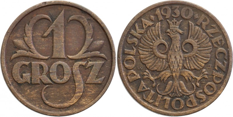 II RP. 1 grosz (Groschen) 1930
Najrzadszy rocznik obiegowej jednogroszówki z ok...