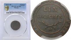 Gdansk/Danzig. 1 grosz (Groschen) 1812 PCGS AU50
Moneta rzadko pojawiająca się w gradingu. Egzemplarz z dobrze zachowanymi detalami i brązową patyną....