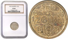 Gdansk/Danzig. 1/2 Gulden 1923 stempel lustrzany NGC PF64
Wysoka nota gradingu. Idealnie zachowana moneta wybita stemplem lustrzanym. Piękna kolorowa...