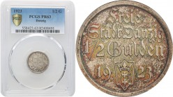 Gdansk/Danzig. 1/2 Gulden 1923 stempel lustrzany PCGS PR63
Monety wybite stemplem lustrzanym należą do niezmiernie rzadkich i poszukiwanych numizmató...