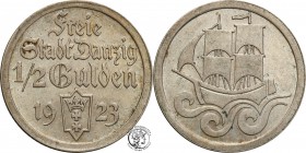 Gdansk/Danzig. 1/2 Gulden 1923
Połysk, patyna.Fischer WMG 009
Waga/Weight: 2,50 g Ag Metal: Średnica/diameter: 19,5 mm
Stan zachowania/condition: 2...