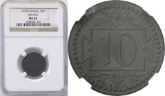 Gdansk/Danzig. 10 fenig (pfennig) 1920 zinc, small number NGC MS62
Odmiana z 55 perełkami.Wspaniale zachowana moneta.Parchimowicz 51; Fischer WMG 001...