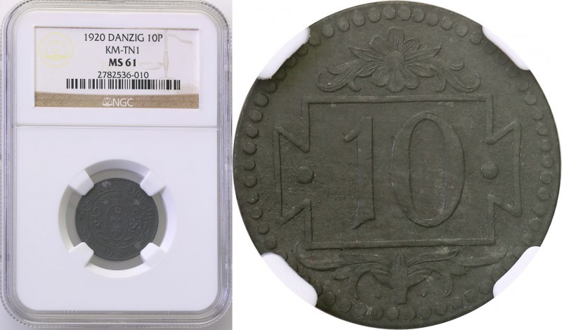 Gdansk/Danzig. 10 fenig (pfennig) 1920 zinc, small number NGC MS61
Odmiana z 58...