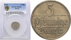 Gdansk/Danzig. 5 fenig (pfennig) 1923 PCGS MS66 (MAX)
Najwyższa nota gradingowa na świecie w PCGS.Idealnie zachowana moneta z pięknym połyskiem menni...