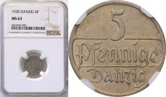 Gdansk/Danzig. 5 fenig (pfennig) 1928 NGC MS63
Menniczy egzemplarz najrzadszego rocznika monety 5-fenigowej. Połysk menniczy i wspaniale zachowane de...