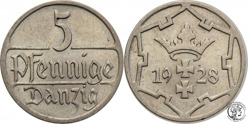 Gdansk/Danzig. 5 fenig (pfennig) 1928
Rzadki rocznik. Ładnie zachowana moneta.F...