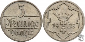 Gdansk/Danzig. 5 fenig (pfennig) 1928
Rzadki rocznik. Ładnie zachowana moneta.Fischer WMG 005
Waga/Weight: CuNi Metal: Średnica/diameter: 17,5 mm
S...