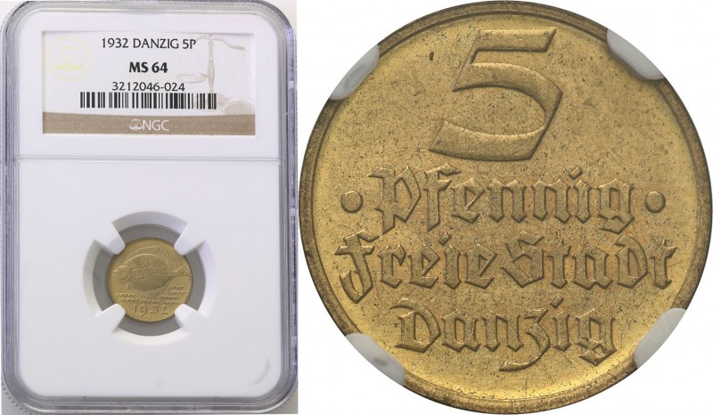 Gdansk/Danzig. 5 fenig (pfennig) 1932 NGC MS64
Wspaniały menniczy egzemplarz z ...