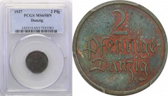 Gdansk/Danzig. 2 fenig (pfennig)i 1937 PCGS MS65 BN (2 MAX)
Najrzadszy rocznik monety 2-fenigowej.Druga najwyższa nota gradingowa w PCGS, tylko jeden...