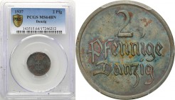 Gdansk/Danzig. 2 fenig (pfennig)i 1937 PCGS MS64 BN
Najrzadszy rocznik monety 2-fenigowej ze wspaniale zachowanymi detalami, intensywnym połyskiem me...