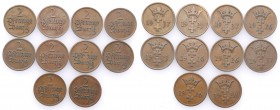 Gdansk/Danzig. 2 fenig (pfennig)i set - 10 coins
Różne lata.Egzemplarze na poziomie od 3 do 2-. Brązowa patyna.
Waga/Weight: brąz Metal: Średnica/di...