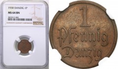 Gdansk/Danzig. 1 fenig (pfennig) 1930 NGC MS64 BN
Menniczy egzemplarz z piękną jednolitą patyną i połyskiem menniczym. Rzadsza moneta w takim stanie ...