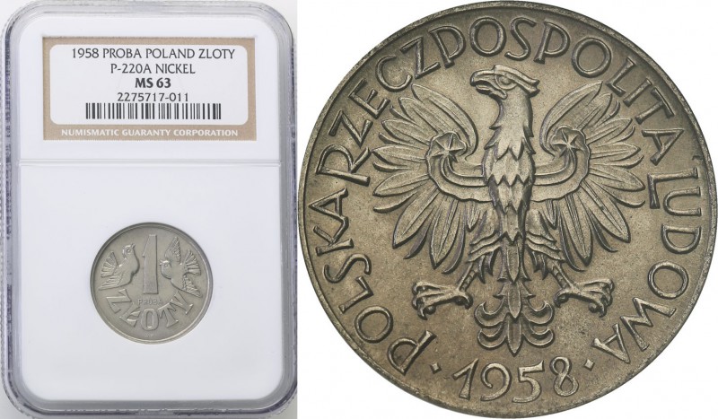 PRL. PROBE/PATTERN Nickel 1 zloty 1958 NGC MS63
Piękny, egzemplarz w amerykańsk...