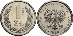 PRL. PROBE/PATTERN Nickel 1 zloty 1989
Menniczy egzemplarz.Fischer P 071
Waga/Weight: Metal: Średnica/diameter: 
Stan zachowania/condition: 1/L (UN...