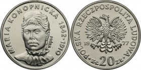 PRL. PROBE/PATTERN Nickel 20 zlotych 1977 Maria Konopnicka
Piękny egzemplarz.Fischer P 147
Waga/Weight: 10.12 g Ni Metal: Średnica/diameter: 
Stan ...
