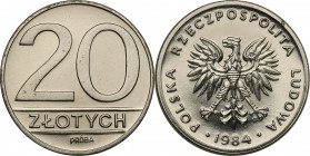 PRL. PROBE/PATTERN Nickel 20 zlotych 1984 nominał
Piękny egzemplarz.Fischer P 160
Waga/Weight: 8.67 g Ni Metal: Średnica/diameter: 
Stan zachowania...