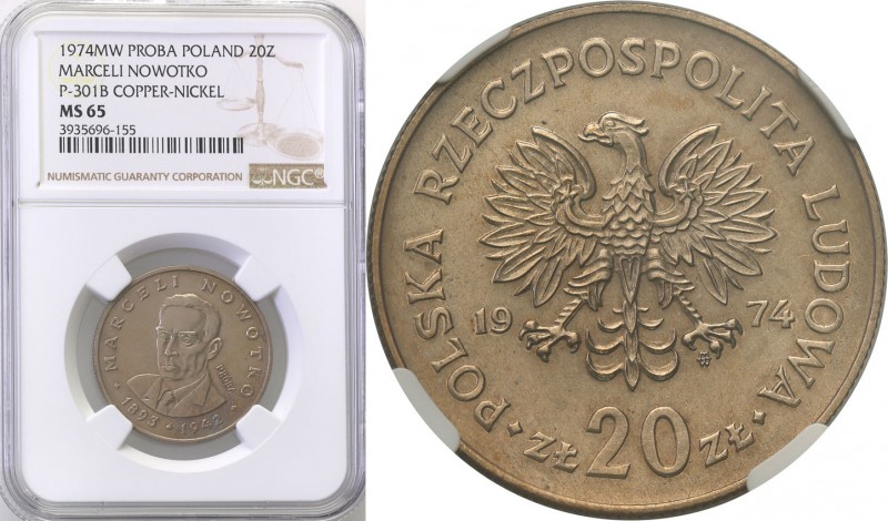 PRL. PROBE/PATTERN CuNi 20 zlotych 1974 Marceli Nowotko NGC MS65 (MAX) RZADKI
N...