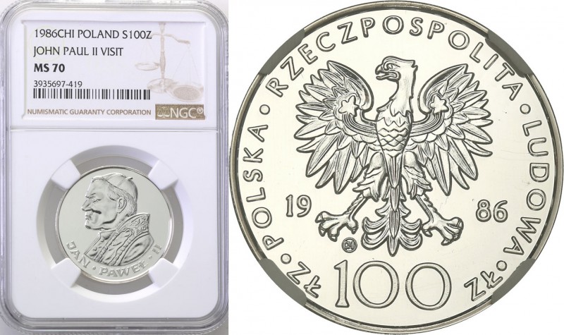 PRL. 100 zlotych 1986 John Paul II stempel zwykły NGC MS70 (MAX)
Srebrna papies...