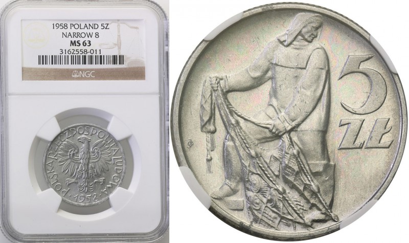 PRL. 5 zlotych 1958 Rybak wąska cyfra 8 NGC MS63
Odmiana z wąską cyfrą 8 w daci...