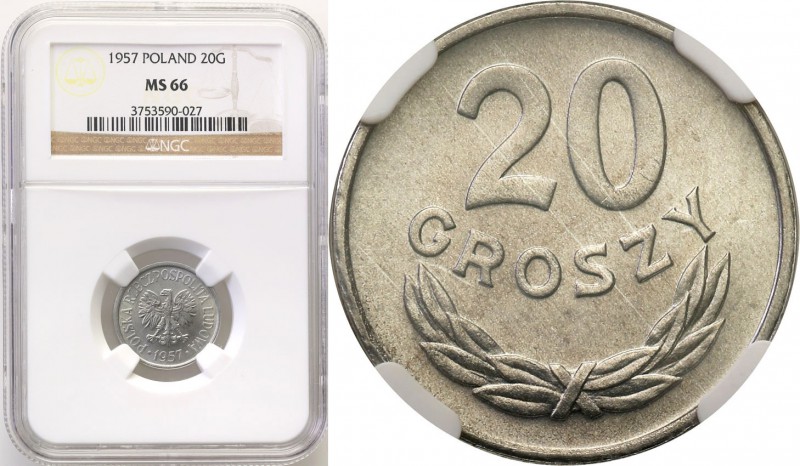 PRL. 20 grosz (Groschen) 1957 wąska data NGC MS66 RZADKI
Najrzadszy rocznik obi...