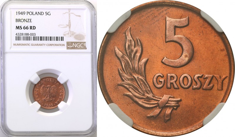 PRL. 5 grosz (Groschen) 1949 brąz NGC MS66 RD (MAX)
Najwyższa nota gradingowa n...