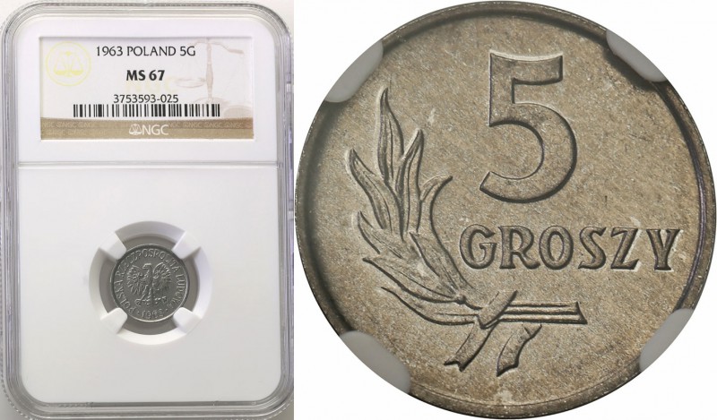 PRL. 5 grosz (Groschen) 1963 aluminum NGC MS67 (MAX)
Najwyższa nota gradingowa ...
