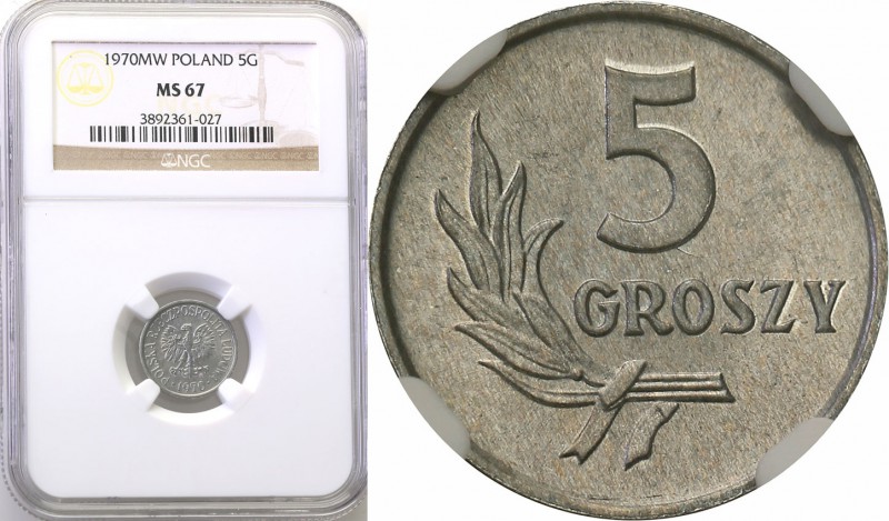 PRL. 5 grosz (Groschen) 1970 aluminum NGC MS67 (2 MAX)
Druga najwyższa nota gra...