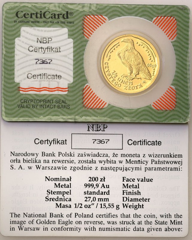 III RP 200 zlotych 2002 Eagle Bielik (1/2 ounce gold)
Idealnie zachowana moneta...