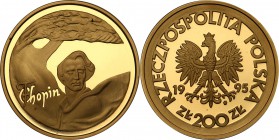 III RP. 200 zlotych 1995 Konkurs Chopinowski - F. Chopin
Najrzadziej występująca i najbardziej pożądana przez kolekcjonerów moneta 200 złotowa wybita...