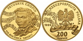 III RP. 200 zlotych 1999 Fryderyk Chopin - 150. Rocznica Śmierci
Piękny, menniczy egzemplarz. Oryginalne pudełko i certyfikat. KZ (200) 008
Waga/Wei...