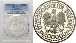 III RP. PROBE/PATTERN silver 200.000 zlotych 1991 Pope John Paul II PCGS SP70 (MAX)
Najwyższa nota gradingowa na świecie.Idealny, menniczy egzemplarz...