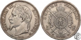 France
France. 5 francs 1869 BB, Strasburg 
Patyna, drobne ryski.
Waga/Weight: 24,94 g Ag Metal: Średnica/diameter: 
Stan zachowania/condition: 3/...