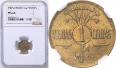 Lithuania
Lithuania. 1 cents 1925 NGC MS64 
Piękny, menniczy egzemplarz.
Waga/Weight: Metal: Średnica/diameter: 
Stan zachowania/condition: NGC MS...