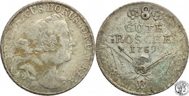 Germany
Germany, Prussia. 8 groszy 1759 B, Wrocław 
Patyna. Rzadka moneta.Olding 338
Waga/Weight: 8,29 g Ag Metal: Średnica/diameter: 
Stan zachow...