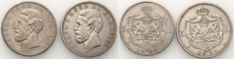 Romania
Romania. 5 Lei 1883 + 1901 B – set of 2 pieces 
Delikatna patyna , res...