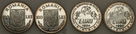 Romania
Romania. 100 lei 1996 Euro 1996 set of 2 szt 
Piękne lustro mennicze, drobne ryski.
Waga/Weight: 2 x 26,92 g Ag 925 Metal: Średnica/diamete...
