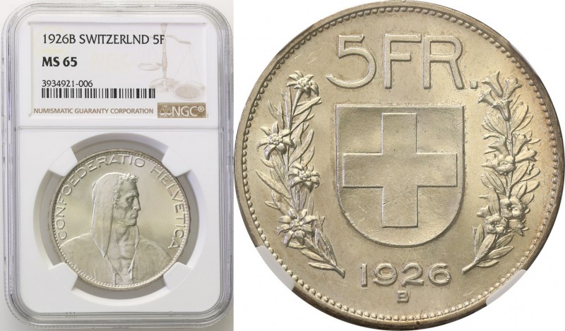 Switzerland
Switzerland. 5 francs 1926 B, Bern NGC MS65 (2 MAX) 
Wyśmienicie z...