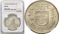 Switzerland
Switzerland. 5 francs 1926 B, Bern NGC MS65 (2 MAX) 
Wyśmienicie zachowany egzemplarz. Piękny blask menniczy, delikatna patyna. Moneta o...