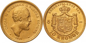 Sweden
Sweden. Oscar II. 10 Kronen (crowns) 1874 
Wyśmienicie zachowana moneta.Friedberg 94
Waga/Weight: 4,48 g Au 900 Metal: Średnica/diameter: 
...