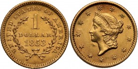 USA
USA. 1 $ dollar 1853, Philadelphia 
Typ I. Bardzo ładny egzemplarz, połysk.Friedberg 84
Waga/Weight: 1,66 g Au 900 Metal: Średnica/diameter: 
...