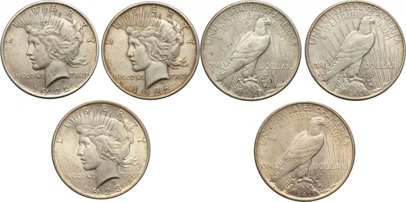 USA
USA. $ dollar 1922/23 Peace, Philadelphia - A set of 3 coins 
Patyna.
Wag...