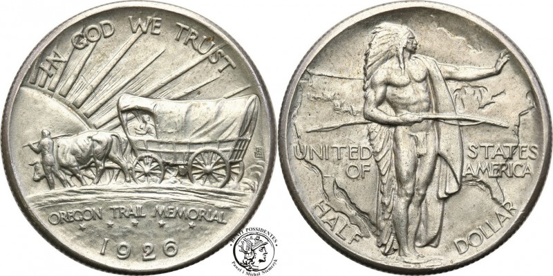 USA
USA. 1/2 $ dollara 1926 Oregon Trail 
Połysk, delikatna patyna. Rzadka mon...
