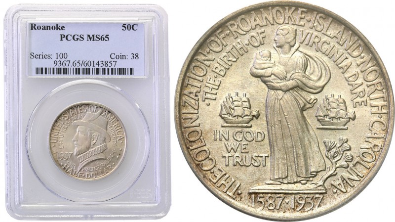 USA
USA. 50 cents 1937 Roanoke PCGS MS65 
Idealnie zachowana moneta, delikatna...