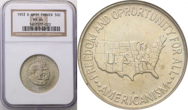 USA
USA. 50 cents 1953 D Wash Carver NGC MS64 
Piękny egzemplarz, intensywny p...