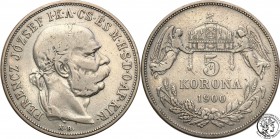 Hungary
Hungary. 5 Kronen (crowns) 1900 
Nabłyszczona moneta.
Waga/Weight: 23,61 g Ag 900 Metal: Średnica/diameter: 
Stan zachowania/condition: 3 ...