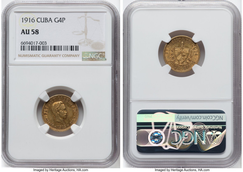 Republic gold 4 Pesos 1916 AU58 NGC, Philadelphia mint, KM18, Fr-5. HID098012420...