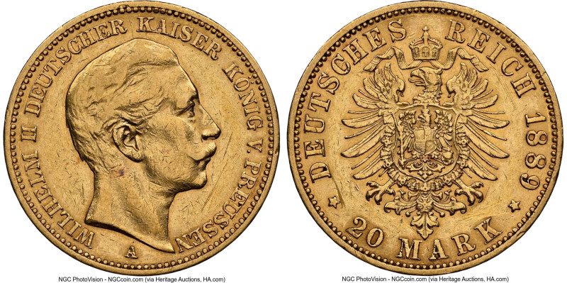 Prussia. Wilhelm II gold 20 Mark 1889-A AU53 NGC, Berlin mint, KM516, J-250. HID...